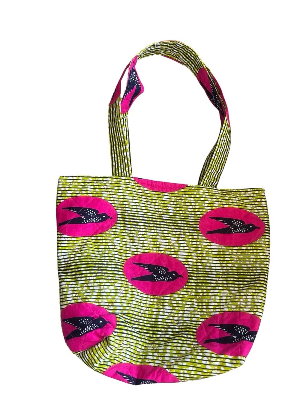 African Ankara Quilted Cotton Tote Swallow Bird Motif Green Pink 13” T X 15” W